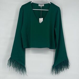 Wayf nwt green emerald feather trim sleeve cropped blouse